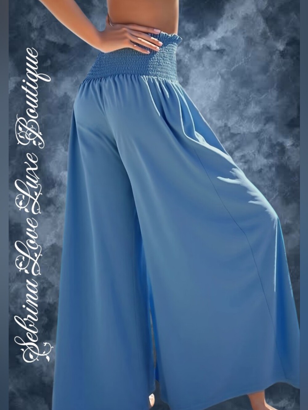 Denim Look Chambray Smocked Waist Wide-Leg Pants